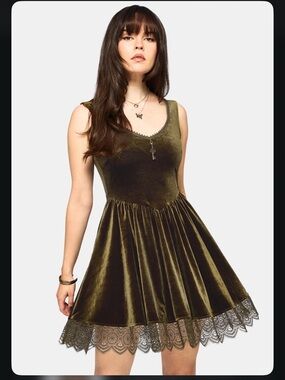 Disturbia Olive Velvet Lace Hem Mini Dress